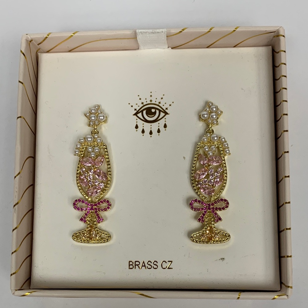 EyeCandy Los Angeles‎ Champagne Earrings Womens OS Gold Pink CZ Bow Flute Dangle